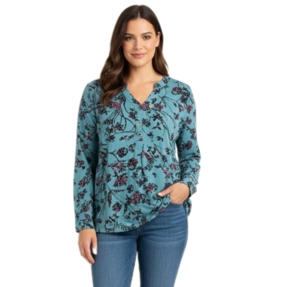Woman Within Rayon Teal Floral Button Blouse 1X